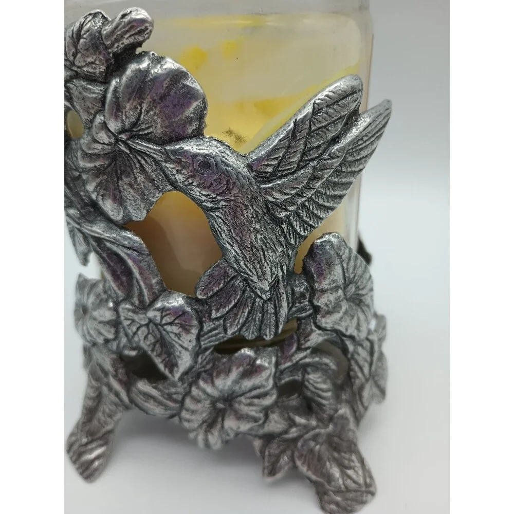 VTG 90s Carson Pewter Hummingbird Jar Candle Holder Yankee Candle Flowers 1996